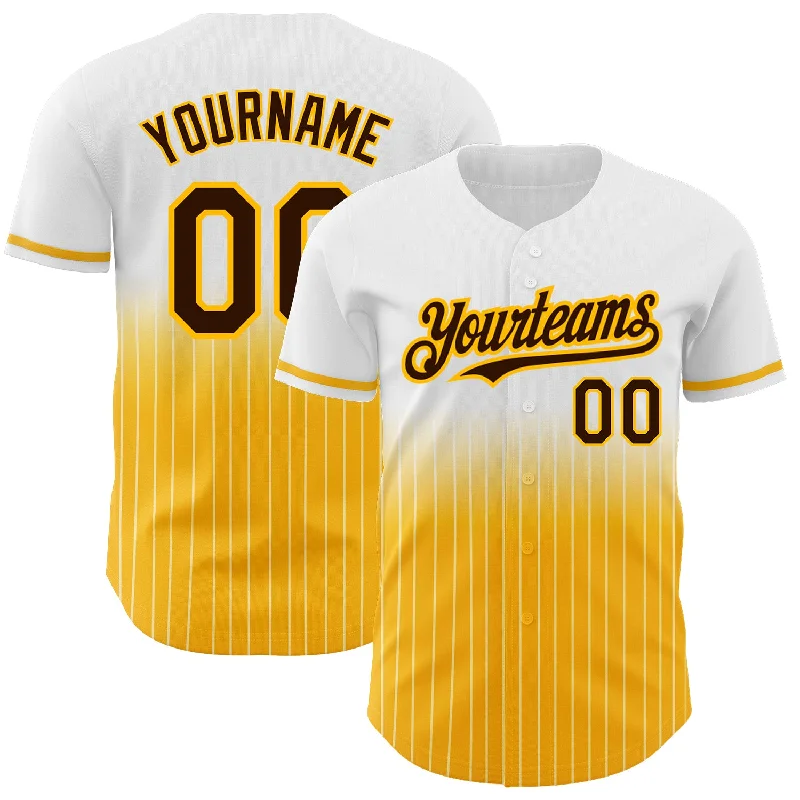 Baseball Jersey for Kids-Custom White Pinstripe Brown-Gold Authentic Fade Fashion Baseball Jersey