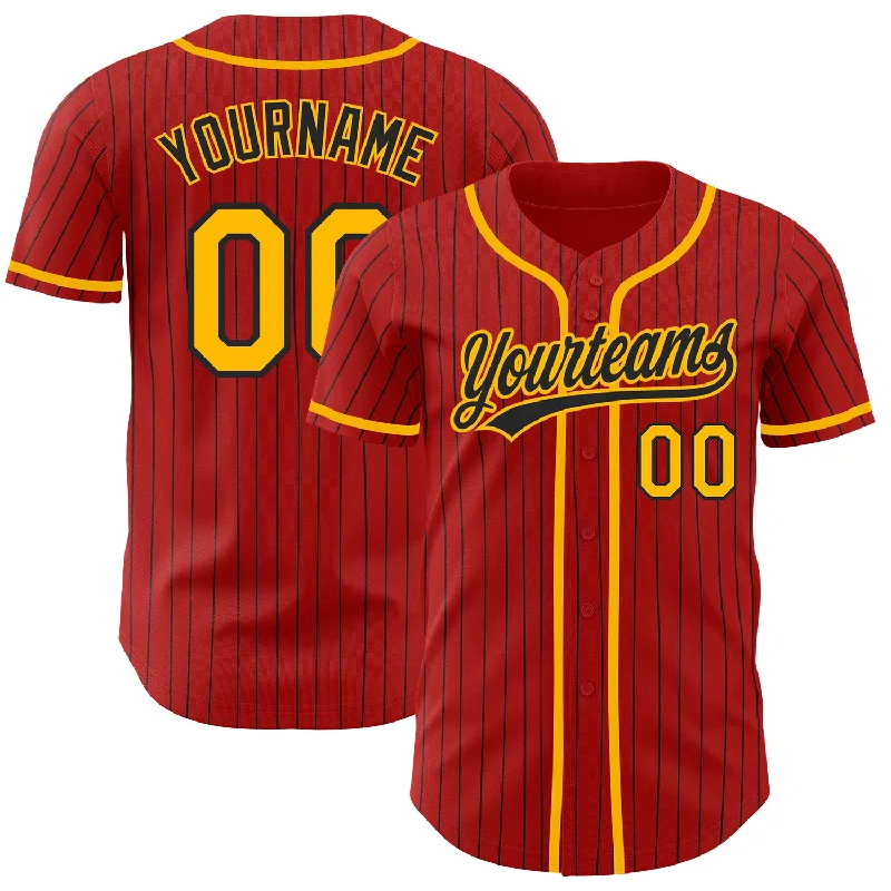 Baseball Jersey for Fun and Unique Custom Designs-Custom Red Black Pinstripe Gold Authentic Baseball Jersey