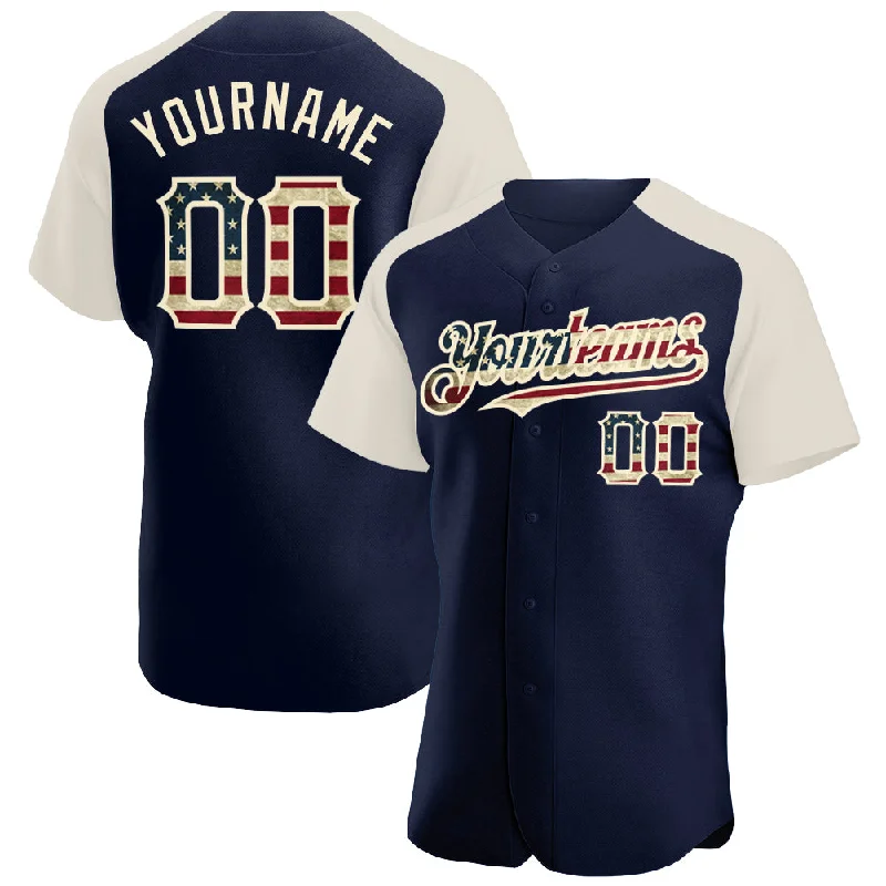 Baseball Jersey for Little League-Custom Navy Vintage USA Flag-Cream Authentic Raglan Sleeves Baseball Jersey