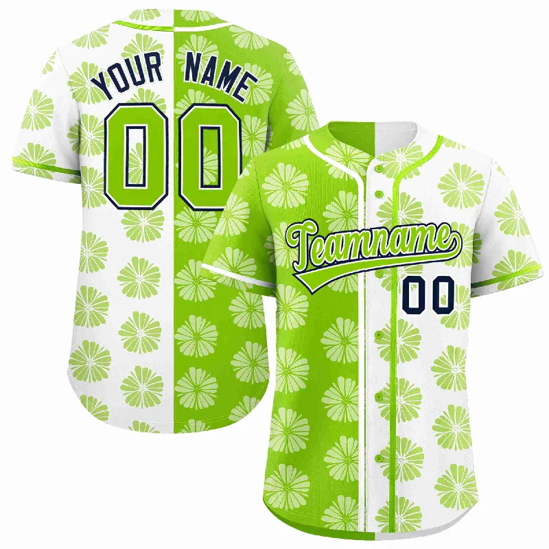 Baseball Jersey for Lightweight Material-Custom Neon Green White Split Fashion Flower Graffiti Pattern Authentic Baseball Jersey