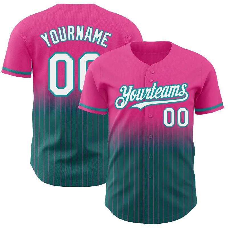 Baseball Jersey for Customizable Team Names-Custom Pink Pinstripe White-Teal Authentic Fade Fashion Baseball Jersey