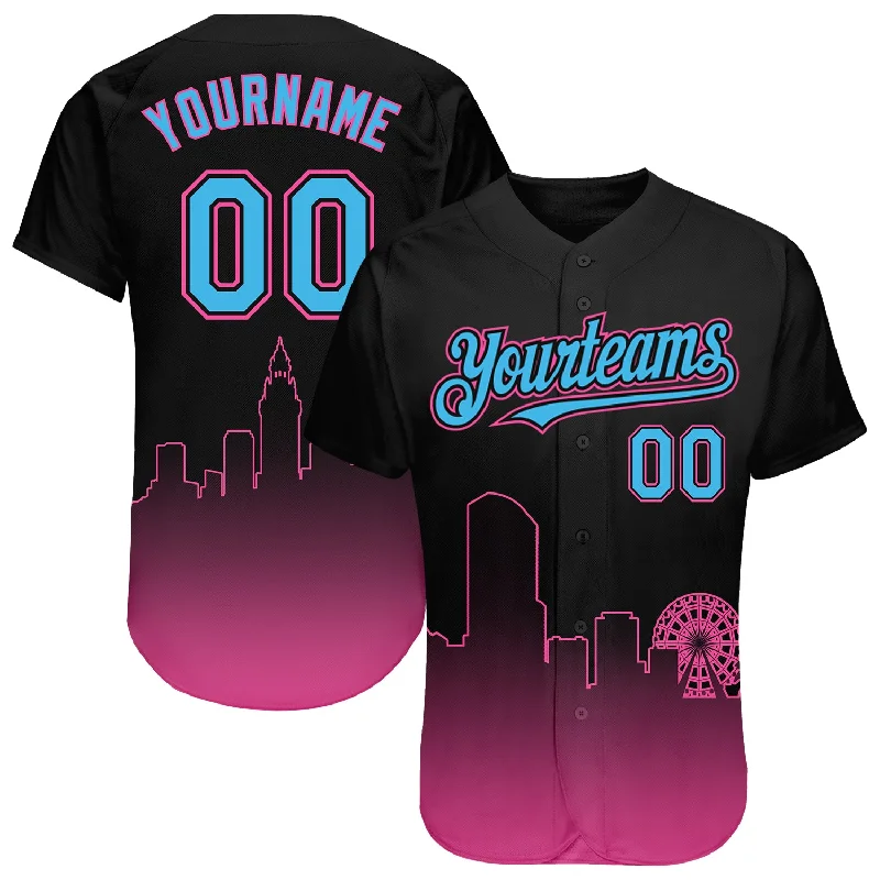 Baseball Jersey for Customizable Fanwear-Custom Black Sky Blue-Pink 3D Miami City Edition Fade Fashion Authentic Baseball Jersey