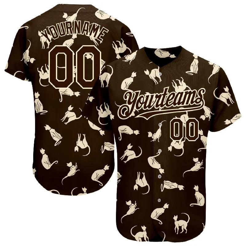 Baseball Jersey for Batting and Fielding Gear-Custom Brown Cream 3D Pattern Design Cat Authentic Baseball Jersey