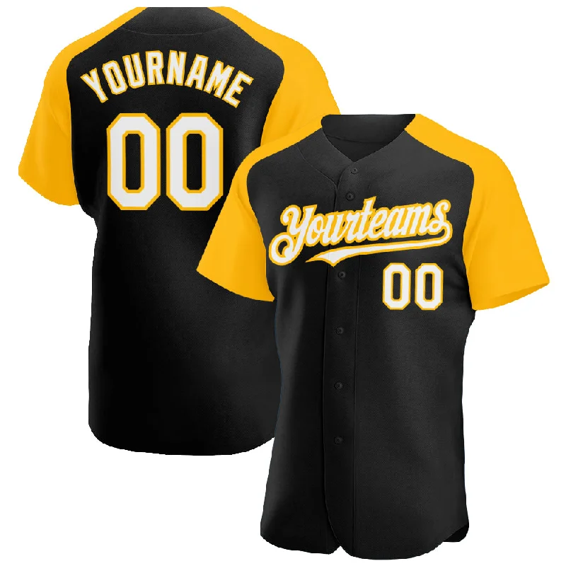 Baseball Jersey for High-Quality Youth Uniforms-Custom Black White-Gold Authentic Raglan Sleeves Baseball Jersey