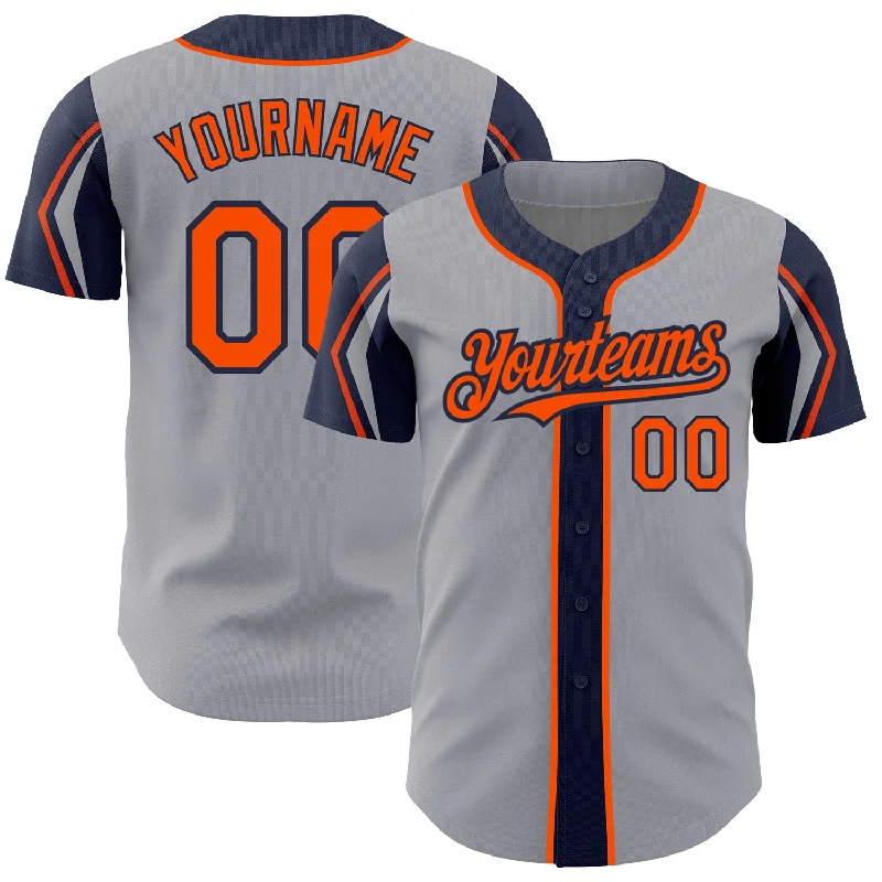 Baseball Jersey for Sports League Uniforms-Custom Gray Orange-Navy 3 Colors Arm Shapes Authentic Baseball Jersey