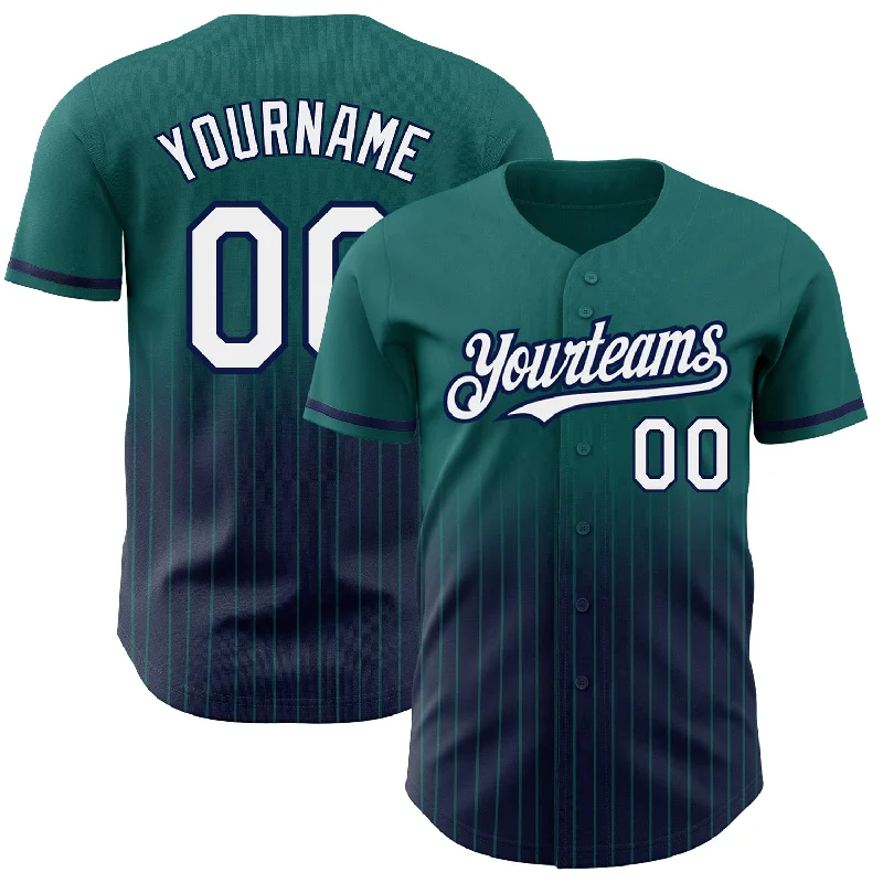 Baseball Jersey for Team Customization-Custom Teal Pinstripe White-Navy Authentic Fade Fashion Baseball Jersey