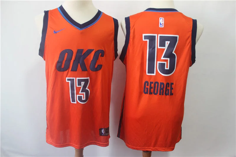 Basketball Jersey for Team Identification and Branding-Thunder 13 Paul George Orange 2018-19 Earned Edition Swingman Basketball Jersey