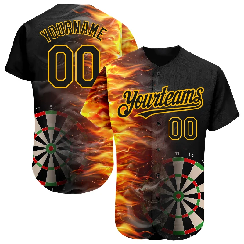 Baseball Jersey for Custom Sports Uniforms-Custom Black Gold 3D Pattern Design Fiery Dart Board Authentic Baseball Jersey