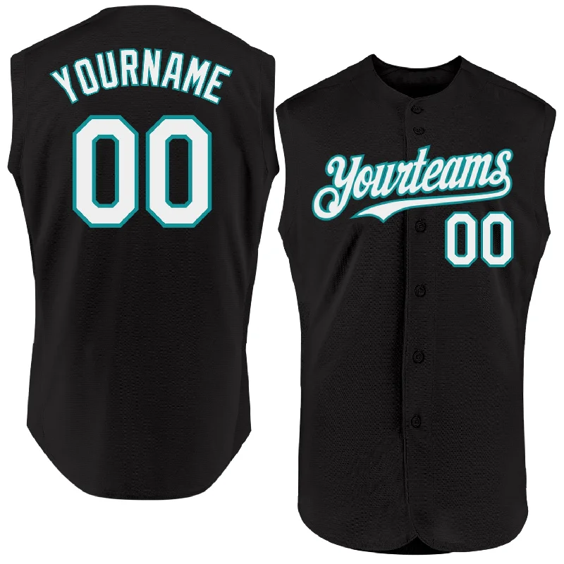 Baseball Jersey for Baseball Event Wear-Custom Black White-Teal Authentic Sleeveless Baseball Jersey