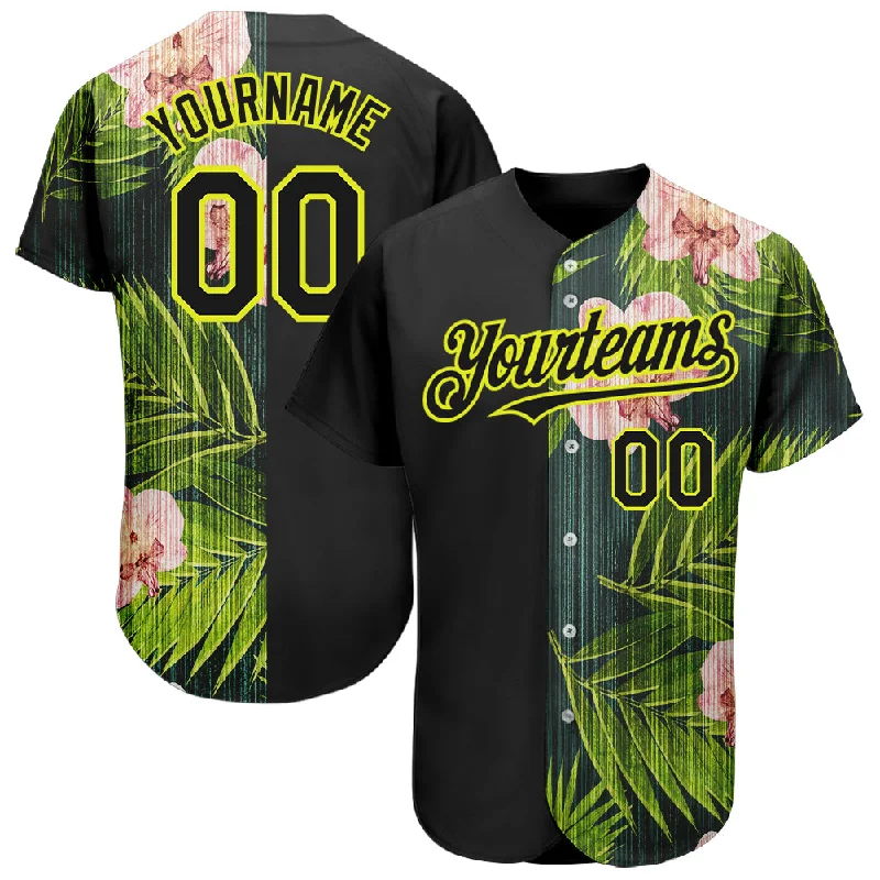 Baseball Jersey for Baseball Collection Apparel-Custom Black Neon Yellow 3D Pattern Design Hawaii Tropical Palm Leaves With Orchids Authentic Baseball Jersey