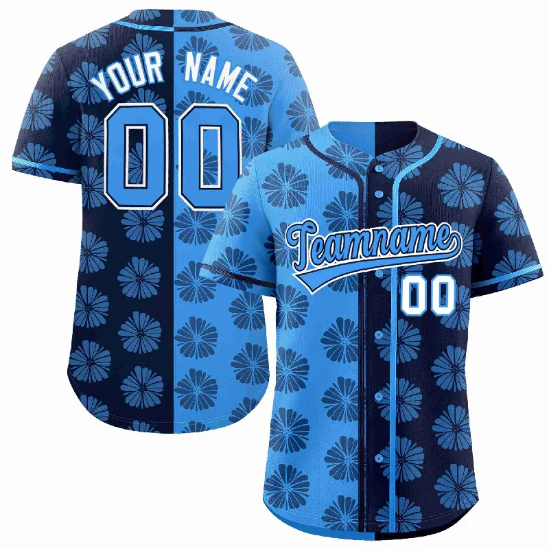 Baseball Jersey for Comfortable Fit-Custom Powder Blue Navy Split Fashion Flower Graffiti Pattern Authentic Baseball Jersey