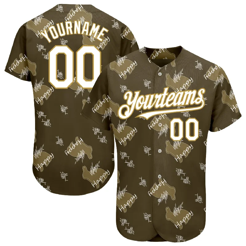 Baseball Jersey for Customizable Player Names-Custom Olive Old Gold-White 3D Pattern Design Rabbit Authentic Baseball Jersey