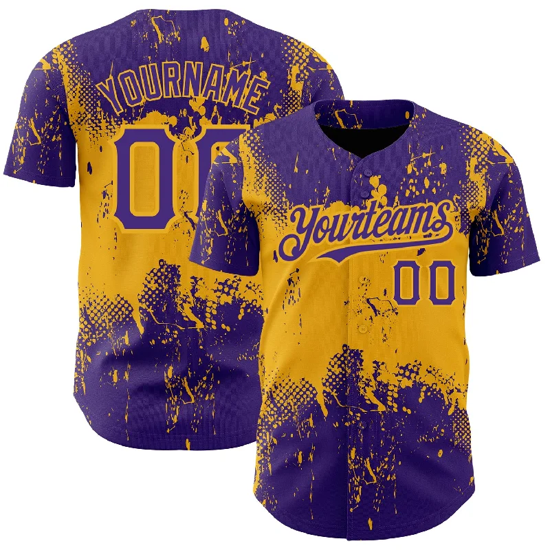 Baseball Jersey for Cool and Breathable Fit-Custom Purple Gold 3D Pattern Design Abstract Splatter Grunge Art Authentic Baseball Jersey