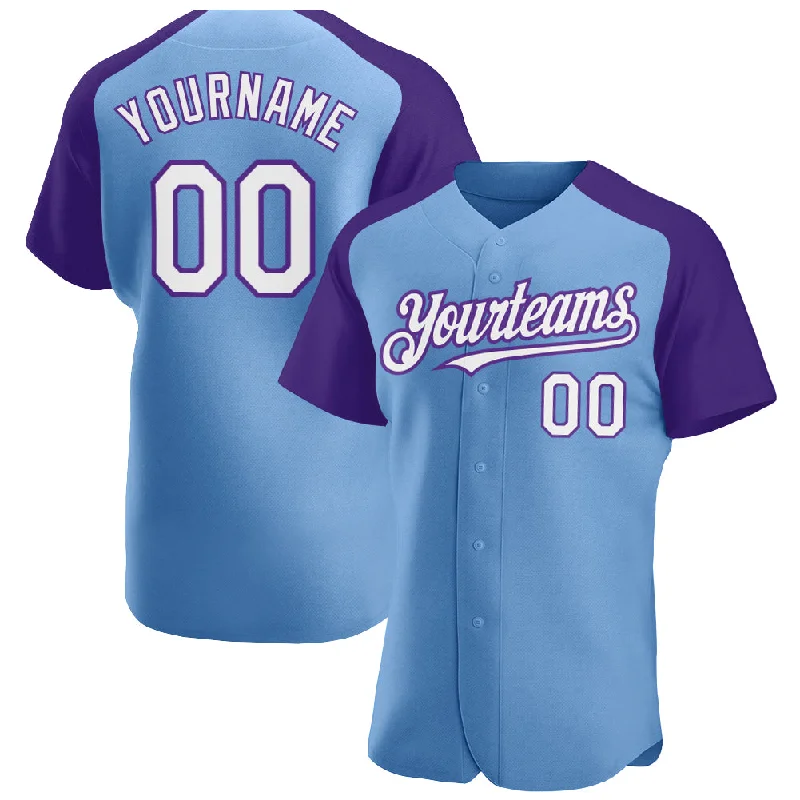 Baseball Jersey for Soft Fabric Feel-Custom Light Blue White-Purple Authentic Raglan Sleeves Baseball Jersey