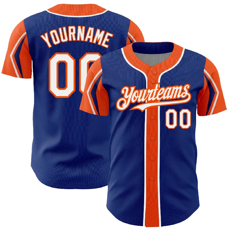 Baseball Jersey for Comfortable and Stylish Fit-Custom Royal White-Orange 3 Colors Arm Shapes Authentic Baseball Jersey