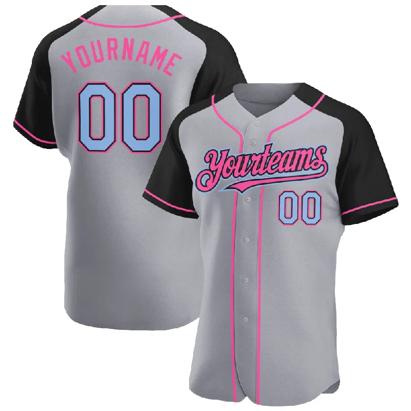 Baseball Jersey for High-Quality Design and Durability-Custom Gray Light Blue Black-Pink Authentic Raglan Sleeves Baseball Jersey