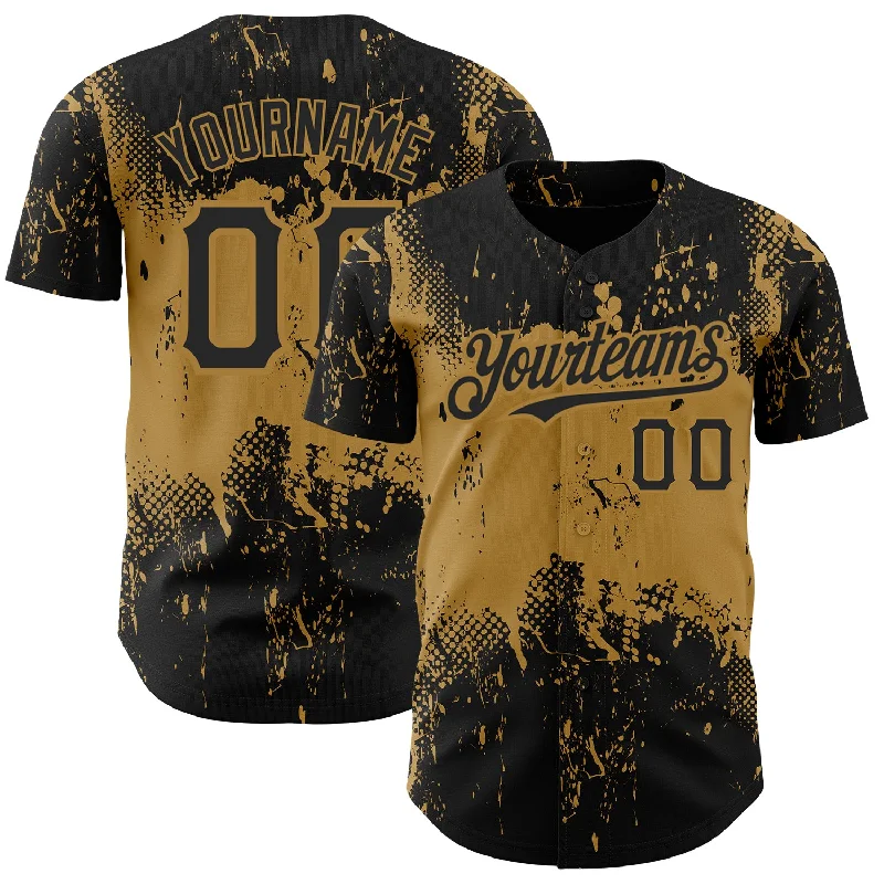 Baseball Jersey for Casual Baseball Supporter Gear-Custom Black Old Gold 3D Pattern Design Abstract Splatter Grunge Art Authentic Baseball Jersey