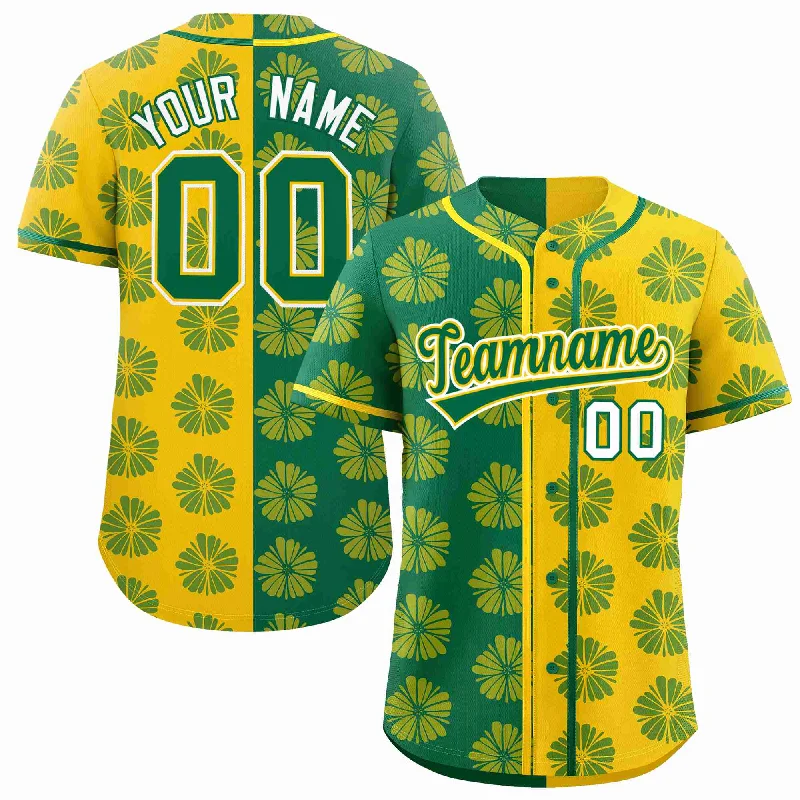 Baseball Jersey for High-Quality Design and Durability-Custom Kelly Green Gold Split Fashion Flower Graffiti Pattern Authentic Baseball Jersey