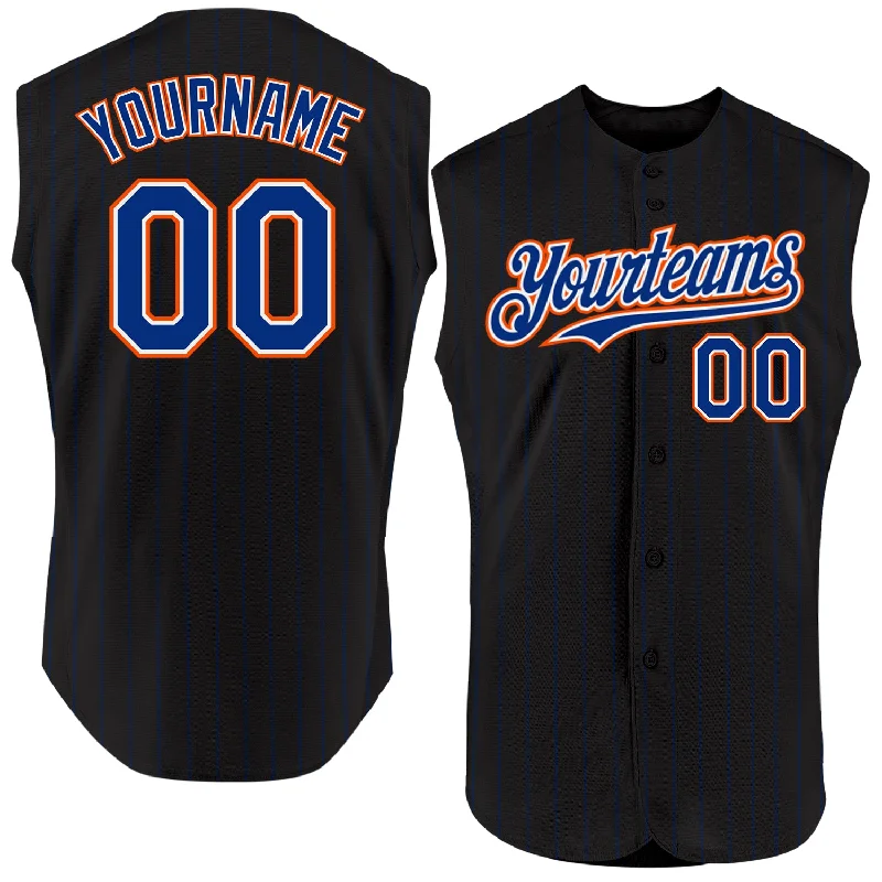 Baseball Jersey for Customizable Team Names-Custom Black Royal Pinstripe White Authentic Sleeveless Baseball Jersey