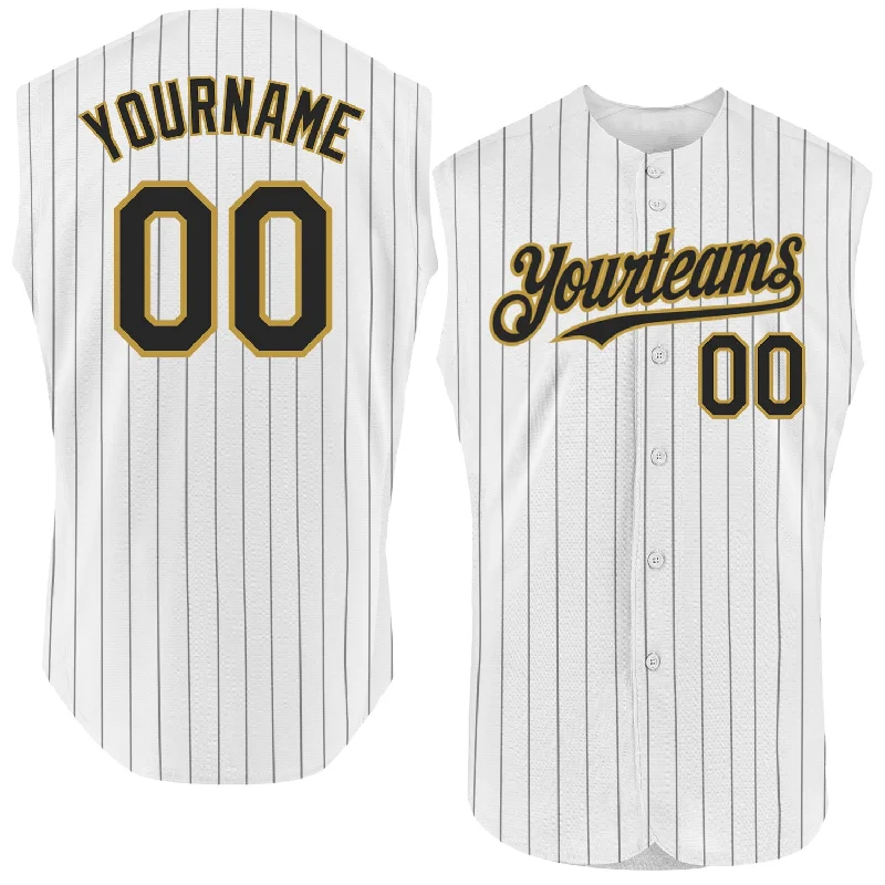 Baseball Jersey for Official Team Branding-Custom White Black Pinstripe Old Gold Authentic Sleeveless Baseball Jersey