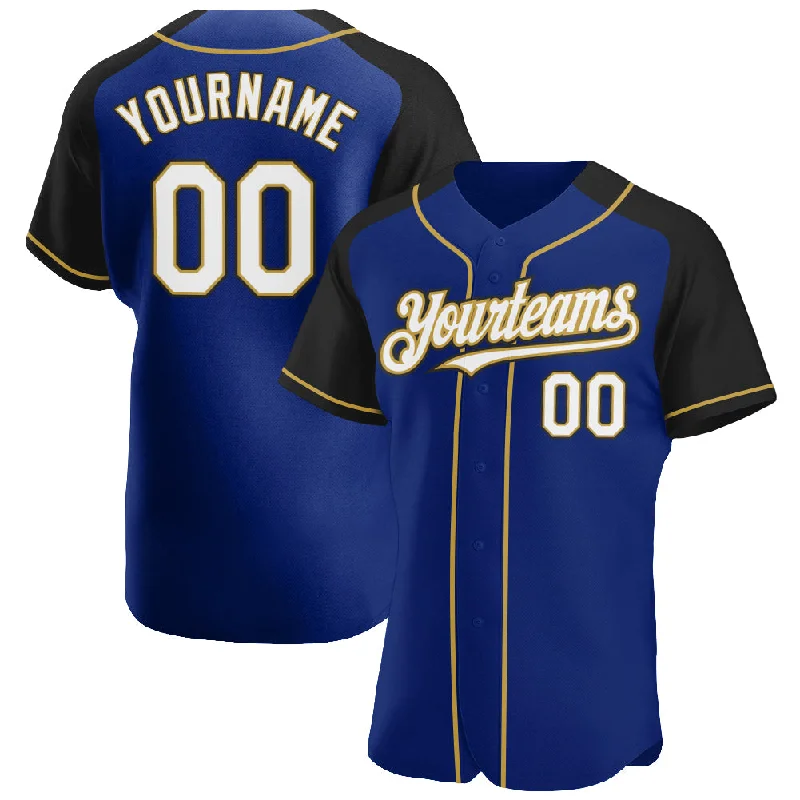 Baseball Jersey for Custom Team Logos and Names-Custom Royal White Black-Old Gold Authentic Raglan Sleeves Baseball Jersey