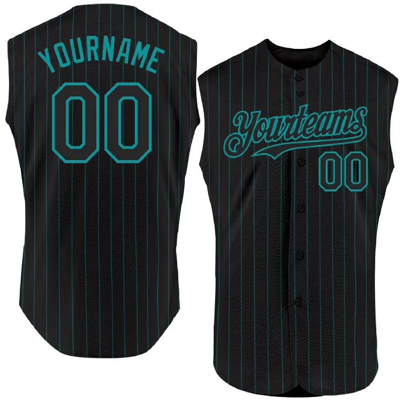 Baseball Jersey for Professional Baseball Gear-Custom Black Teal Pinstripe Teal Authentic Sleeveless Baseball Jersey