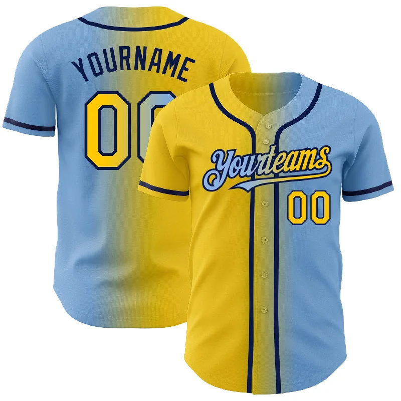 Baseball Jersey for Custom Name and Numbering-Custom Light Blue Yellow-Navy Authentic Gradient Fashion Baseball Jersey