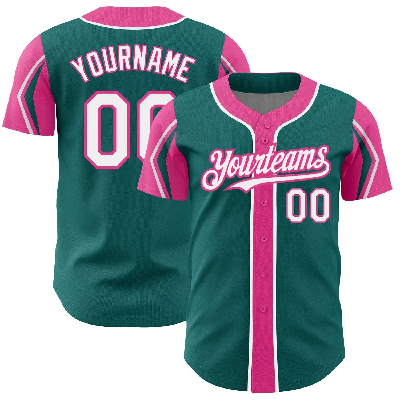 Baseball Jersey for Fan-Favorite Custom Gear-Custom Teal White-Pink 3 Colors Arm Shapes Authentic Baseball Jersey