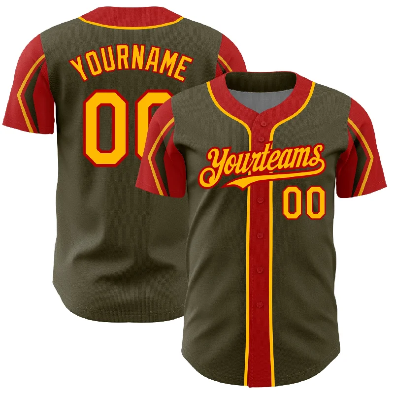 Baseball Jersey for Premium Quality-Custom Olive Gold-Red 3 Colors Arm Shapes Authentic Salute To Service Baseball Jersey