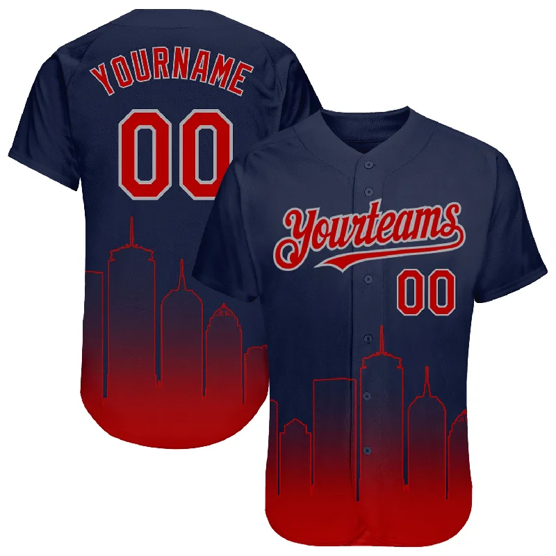 Baseball Jersey for Team Uniforms-Custom Navy Red-Gray 3D Boston City Edition Fade Fashion Authentic Baseball Jersey