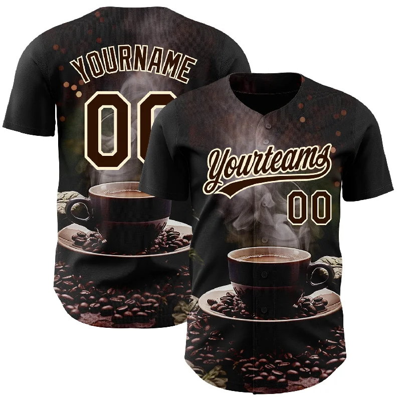 Baseball Jersey for Men-Custom Black Brown Cream 3D Pattern Design International Coffee Day Authentic Baseball Jersey