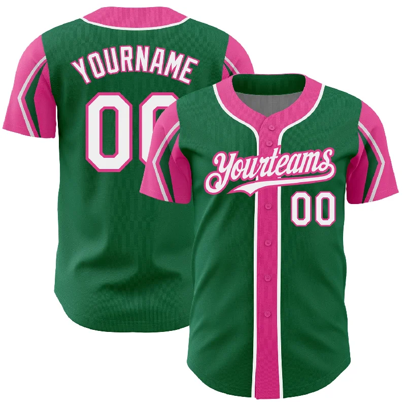 Baseball Jersey for Premium Quality Customization-Custom Kelly Green White-Pink 3 Colors Arm Shapes Authentic Baseball Jersey