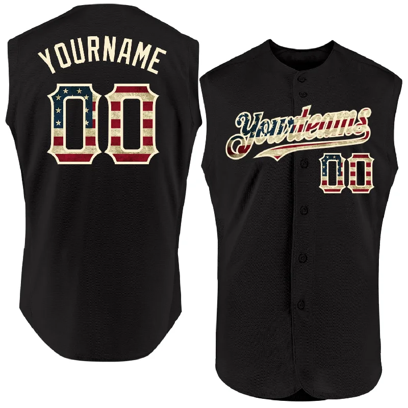 Baseball Jersey for Fan Support Apparel-Custom Black Vintage USA Flag-Cream Authentic Sleeveless Baseball Jersey