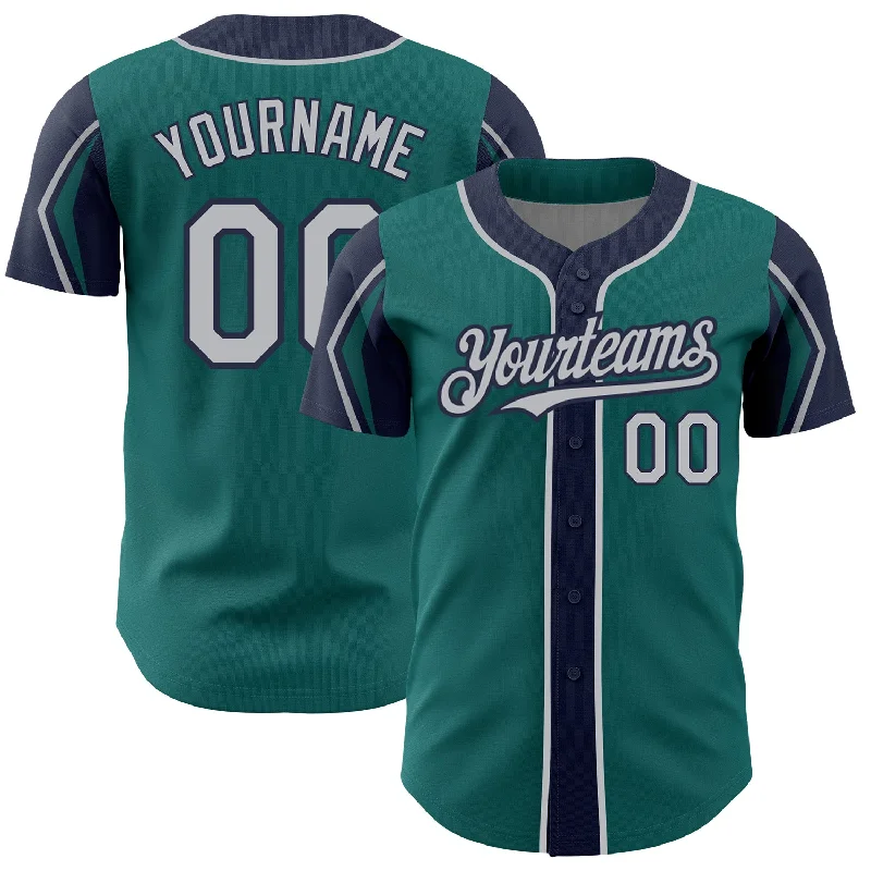 Baseball Jersey for Professional Baseball Gear-Custom Teal Gray-Navy 3 Colors Arm Shapes Authentic Baseball Jersey