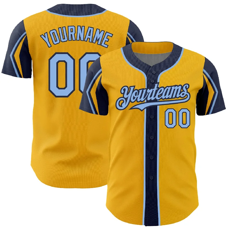 Baseball Jersey for Lightweight Team Gear-Custom Gold Light Blue-Navy 3 Colors Arm Shapes Authentic Baseball Jersey