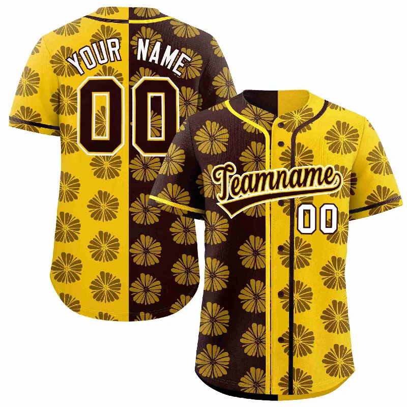 Baseball Jersey for Team Player Uniforms-Custom Brown Gold Split Fashion Flower Graffiti Pattern Authentic Baseball Jersey