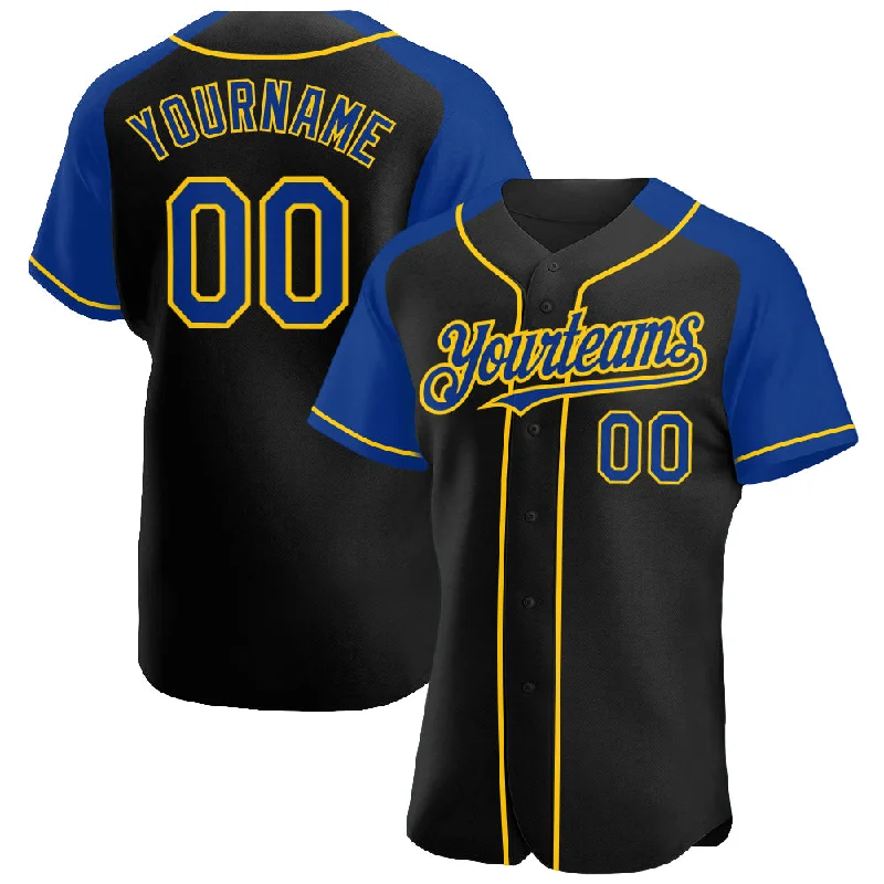 Baseball Jersey for Personalized Apparel-Custom Black Royal-Yellow Authentic Raglan Sleeves Baseball Jersey