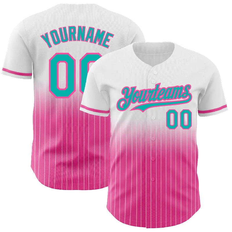 Baseball Jersey for Custom Colors-Custom White Pinstripe Aqua-Pink Authentic Fade Fashion Baseball Jersey