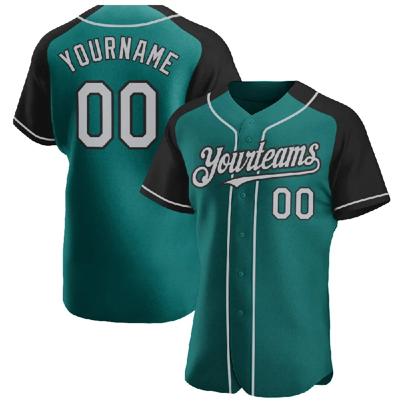 Baseball Jersey for Team Custom Fit-Custom Teal Gray-Black Authentic Raglan Sleeves Baseball Jersey