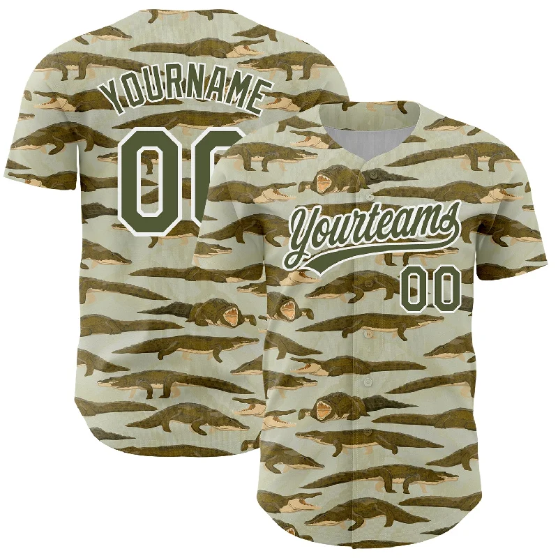 Baseball Jersey for Premium Custom Player Jerseys-Custom Olive White 3D Pattern Design Crocodile Authentic Baseball Jersey