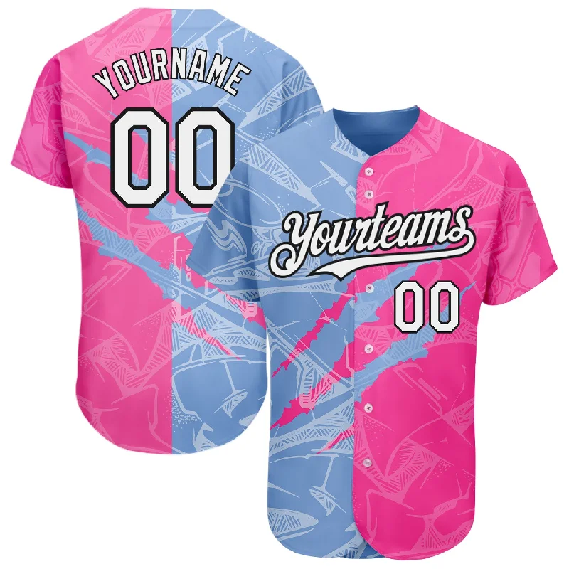 Baseball Jersey for Affordable Custom Jerseys-Custom Graffiti Pattern White Pink Light Blue-Black 3D Scratch Authentic Baseball Jersey