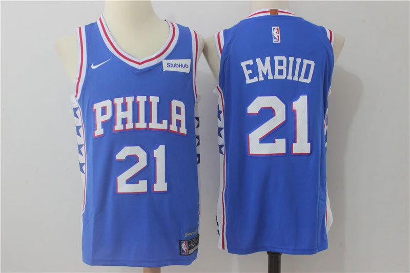 Basketball Jersey for Breathable Basketball Gear-76ers 21 Joel Embiid Blue Authentic Basketball Jersey