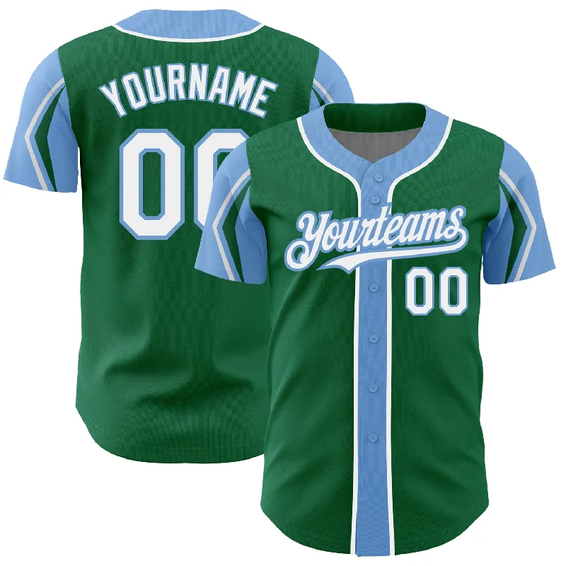 Baseball Jersey for Softball and Baseball Teams-Custom Kelly Green White-Light Blue 3 Colors Arm Shapes Authentic Baseball Jersey