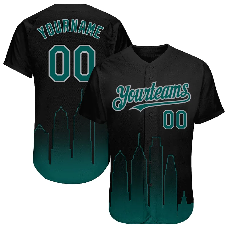 Baseball Jersey for Casual Wear-Custom Black Midnight Green-Gray 3D Philadelphia City Edition Fade Fashion Authentic Baseball Jersey