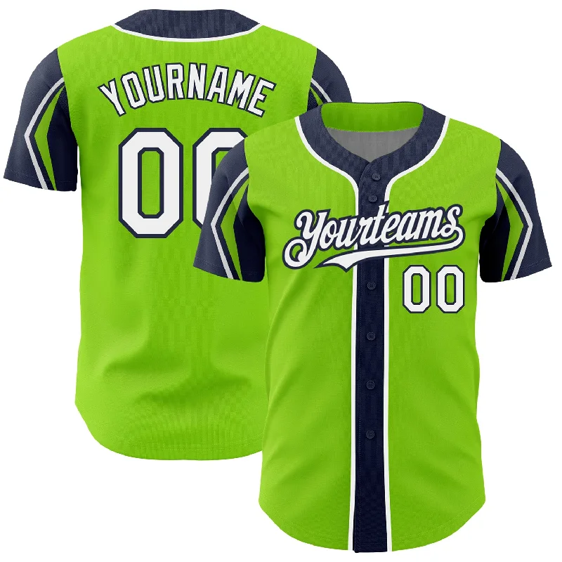 Baseball Jersey for High-Quality Materials-Custom Neon Green White-Navy 3 Colors Arm Shapes Authentic Baseball Jersey