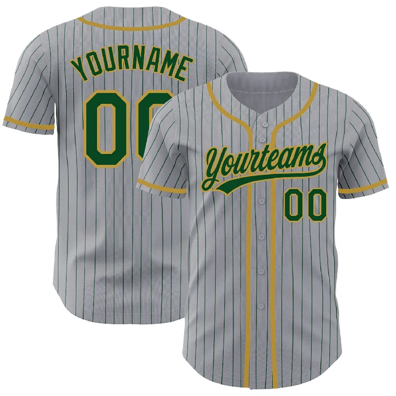 Baseball Jersey for Custom Printed Designs-Custom Gray Green Pinstripe Old Gold Authentic Baseball Jersey