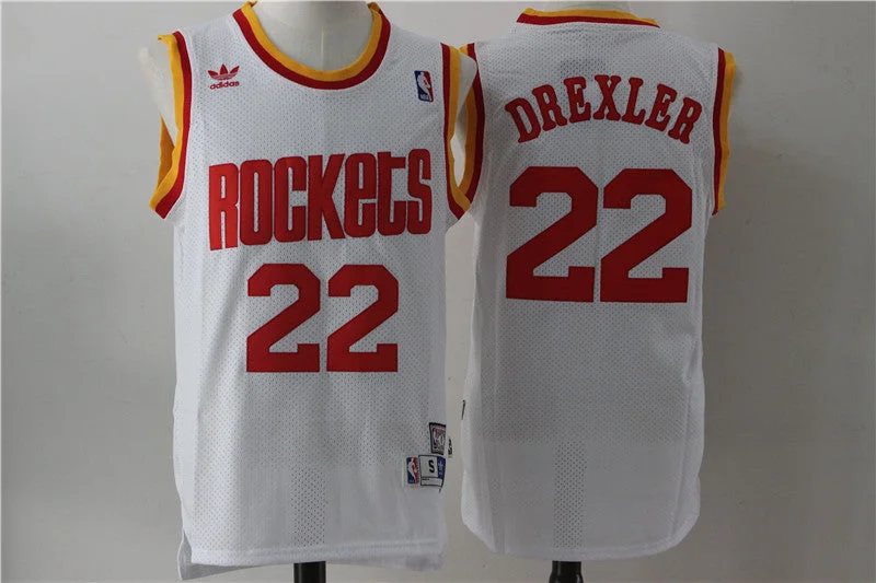 Basketball Jersey for Retro Team Apparel-Rockets 22 Clyde Drexler White Hardwood Classics Basketball Jersey