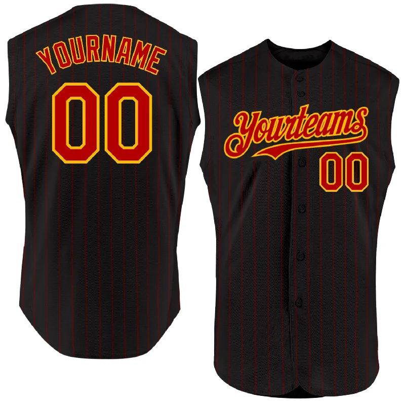 Baseball Jersey for Softball and Baseball Customization-Custom Black Red Pinstripe Gold Authentic Sleeveless Baseball Jersey