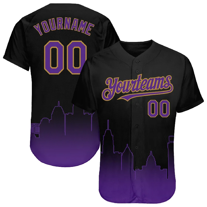 Baseball Jersey for Complete Custom Apparel-Custom Black Purple-Old Gold 3D Baltimore City Edition Fade Fashion Authentic Baseball Jersey