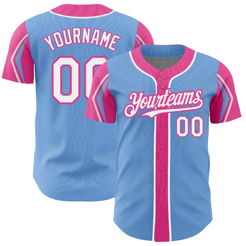 Baseball Jersey for Comfortable Everyday Wear-Custom Light Blue White-Pink 3 Colors Arm Shapes Authentic Baseball Jersey